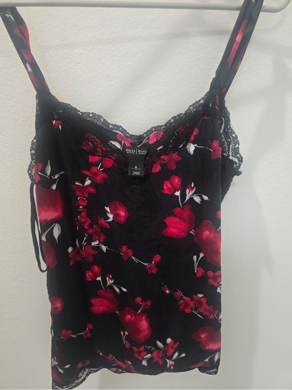 White House Black Market Black Satin Cami with Red Floral Print